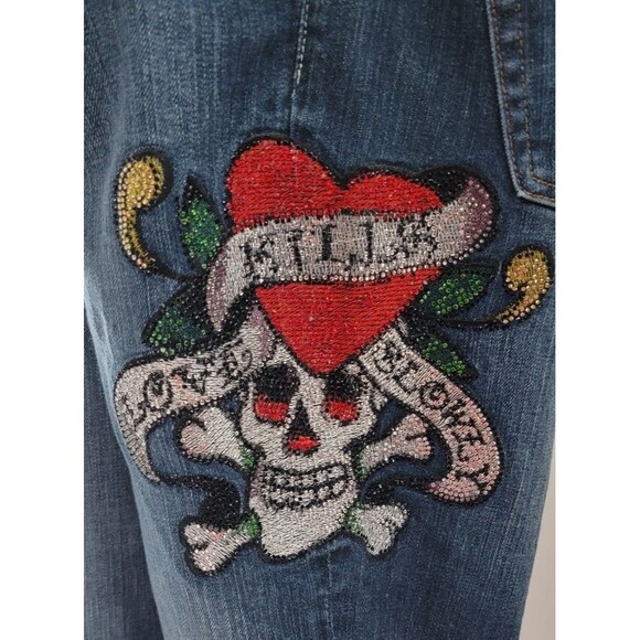 Ed Hardy by Christian Audigier "Love Kills Slowly" embroidered skull jeans Y2K - Picture 1 of 7